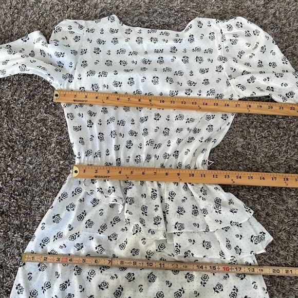 Vintage Midi Dress Size 10 White Black Ditsy Floral Puff Sleeve Peplum Retro 80s - Picture 14 of 16